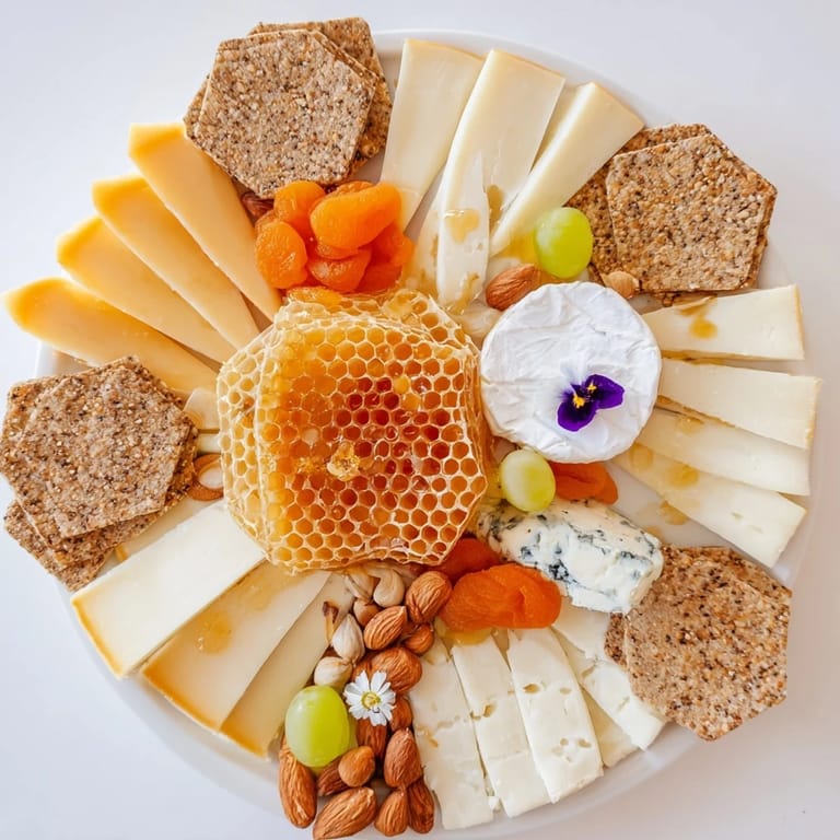 Hexagon-shaped cheeses and crackers form a beautiful "Gilded Hive" appetizer for elegant gatherings.