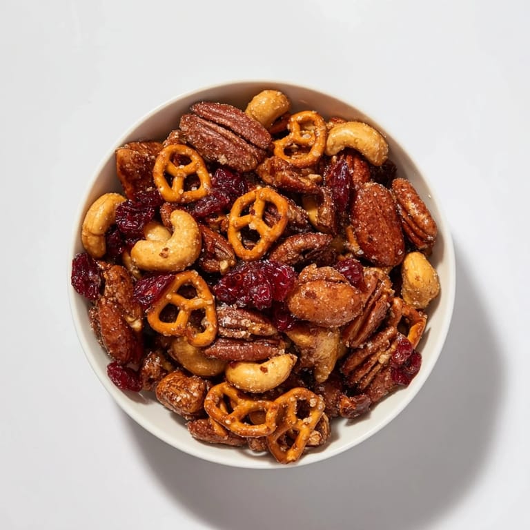 Close-up of a delightful Sweet and Salty Holiday Nut Bowl; a perfect holiday snack with varied textures.
