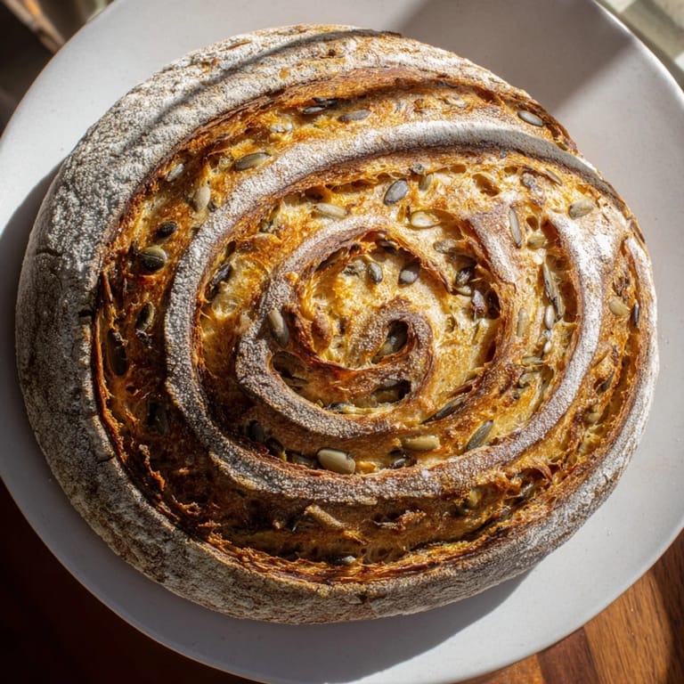 Warm, golden-brown Fibonacci Spiral Growth Bread, ready to slice with seeds and nuts visible after baking.