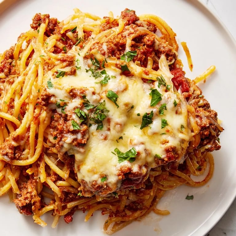 Warm, cheesy Tini's Baked Spaghetti with a layer of meat sauce, pictured for a satisfying meal.