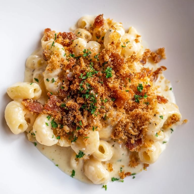 This creamy Tinis Mac and Cheese featuring bacon offers a comforting, rich, savory flavor profile.