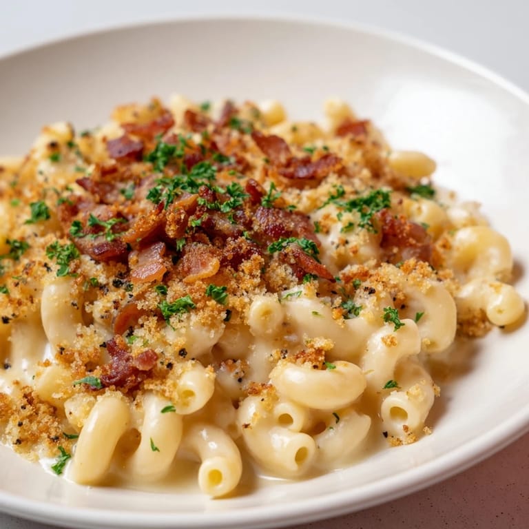 Imagine a close-up of Tinis Mac and Cheese with crispy bacon crumbles atop cheesy goodness.