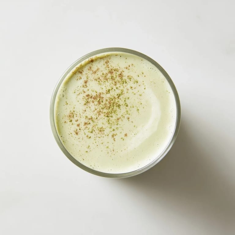 This Matcha Eggnog Collagen Breakfast Smoothie features a vibrant green color, blended with fresh banana, ready to enjoy.
