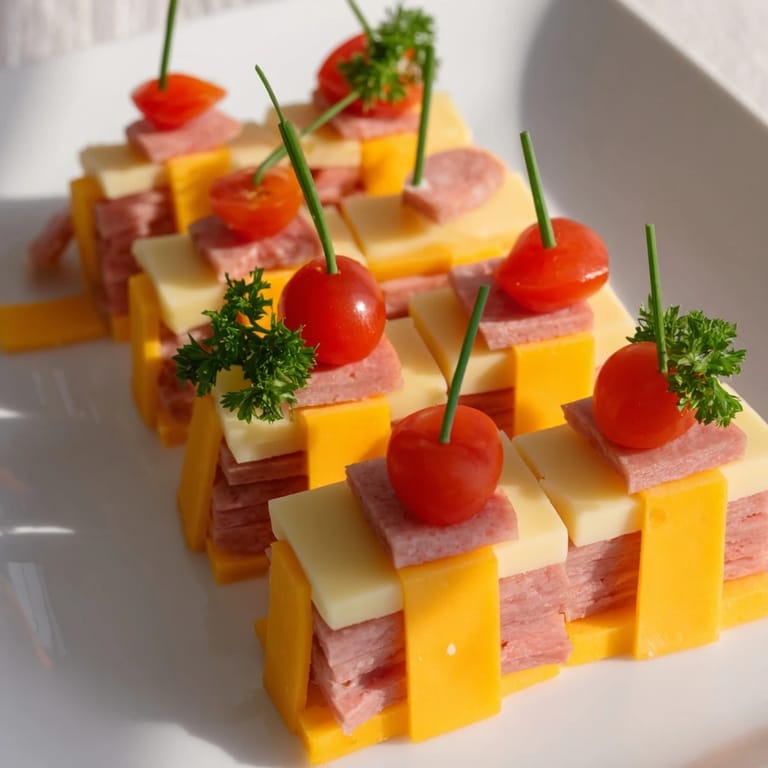 The elegant Checkerboard Chalet appetizer, a visually impressive gourmet cheese and meat board, awaits tasting!