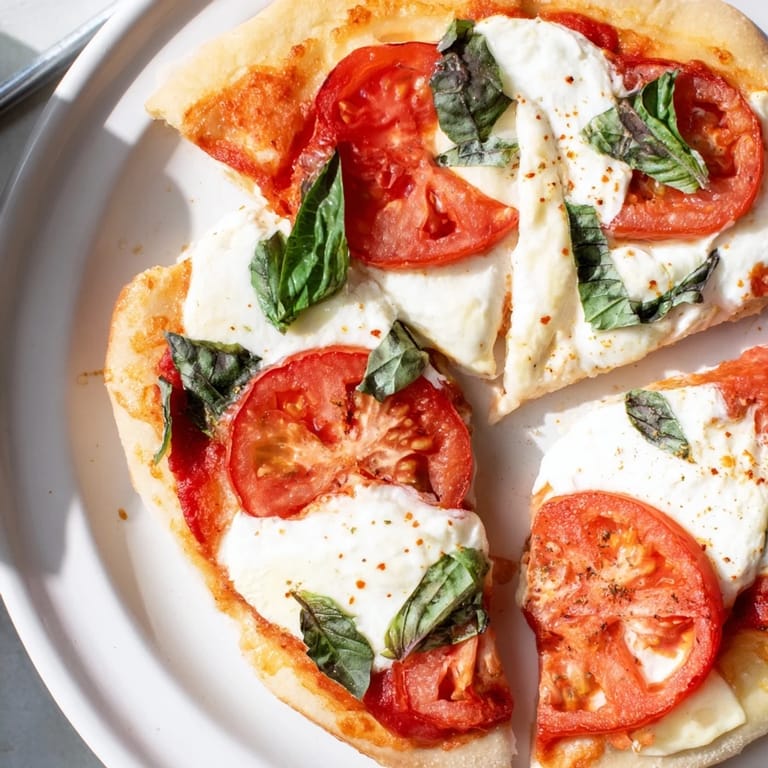 Fresh basil garnishes the completed Quick Margherita Naan Pizza, a quick and delicious Italian-Indian fusion.