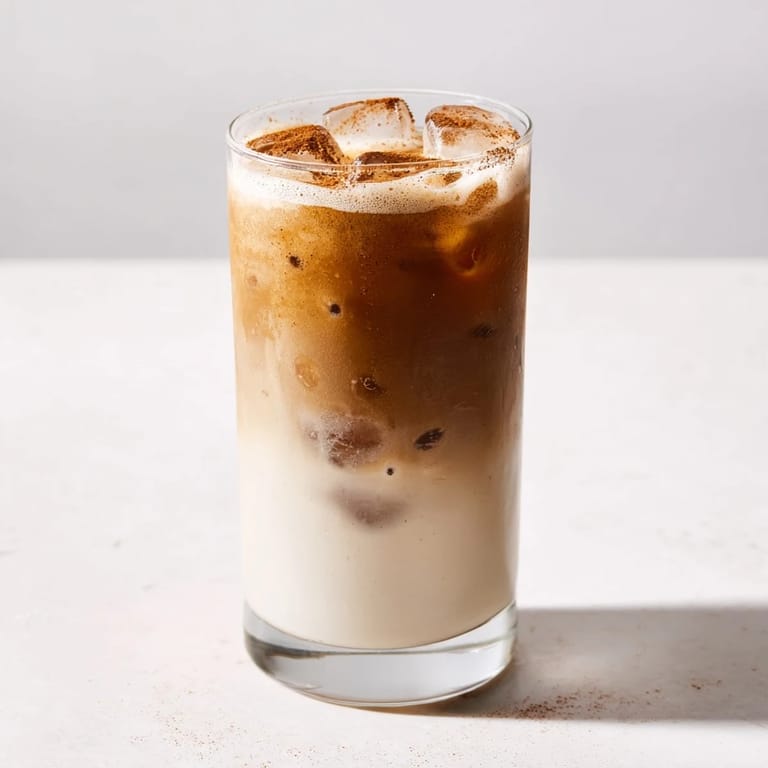 Enjoy the visually refreshing Iced Brown Sugar Oat Latte, a delicious vegan coffee with frothy oat milk and brown sugar.