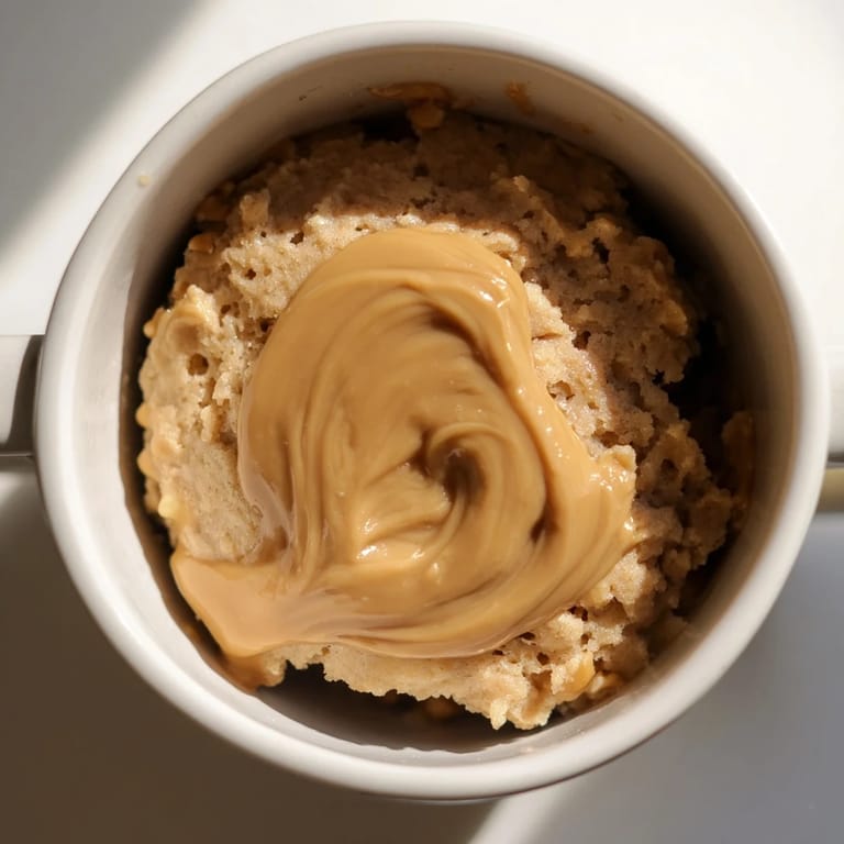 Warm, freshly made 2-Minute Peanut Butter Mug Cake, topped with optional chocolate chips, a quick dessert.