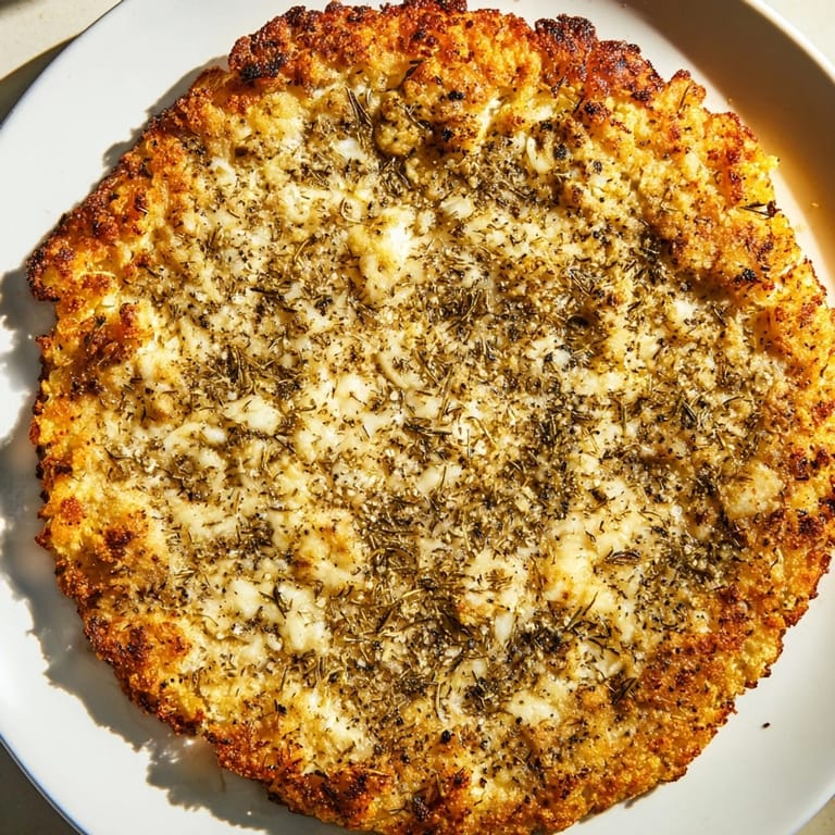 Freshly baked cauliflower pizza crust, smelling of garlic and herbs, awaiting your favorite pizza toppings.
