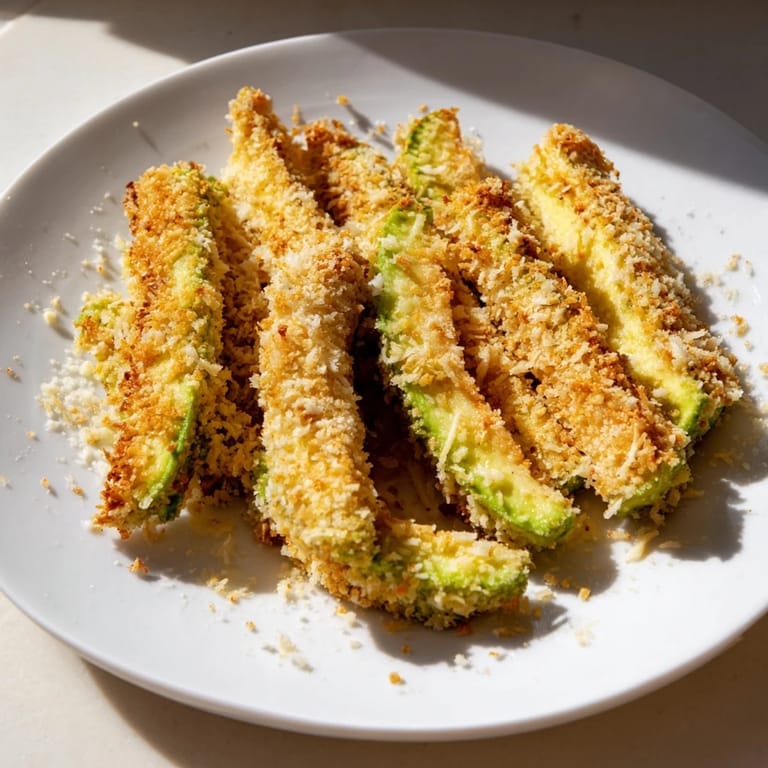 Freshly baked, golden brown avocado fries with a perfectly crunchy, seasoned breading texture.