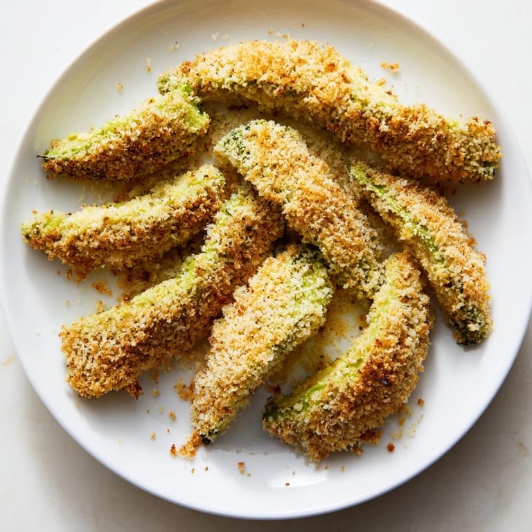 Hot, oven-baked avocado fries, ready to be enjoyed as a flavorful appetizer with lemon slices.