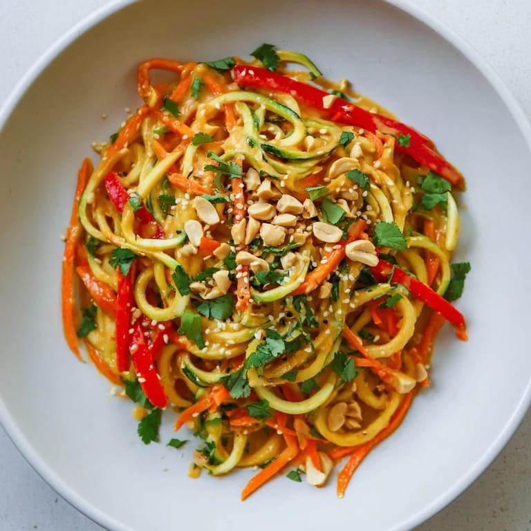 Cool, spiralized Zesty Peanut Zucchini Noodles, coated in sauce and garnished with peanuts and fresh cilantro.