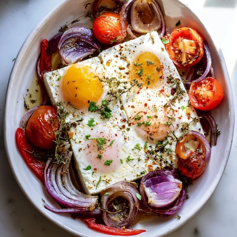 Enjoy the savory aroma of a Mediterranean Baked Feta & Eggs dish, ready for a delicious brunch.