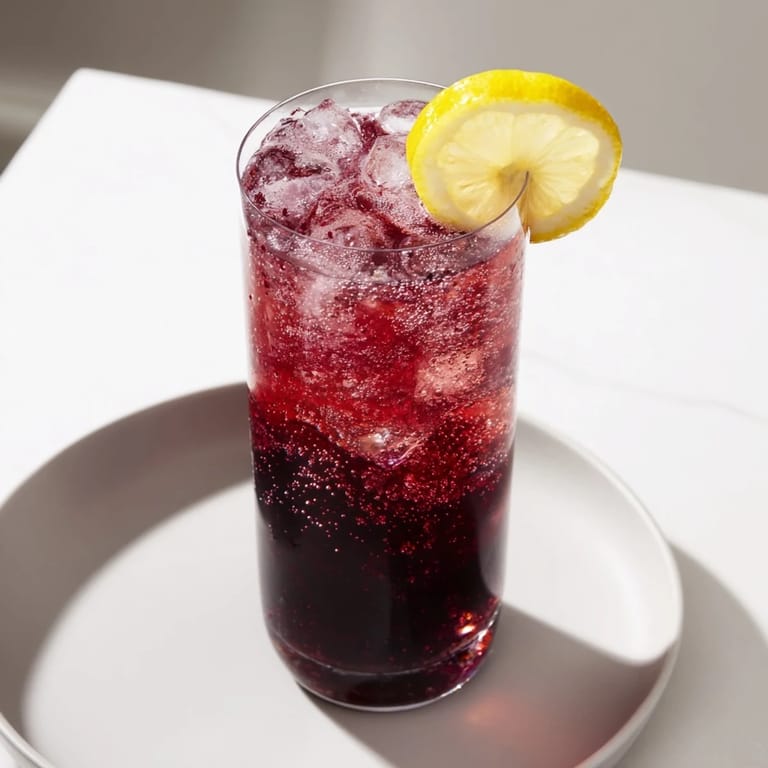 Enjoy a calming Sleepy Girl Mocktail, a refreshing cherry-based drink with a lemon twist and ice.