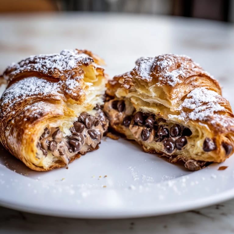 Flaky, buttery Croissant Cookie pastry, oozing with soft, gooey chocolate chip cookie dough for dessert.