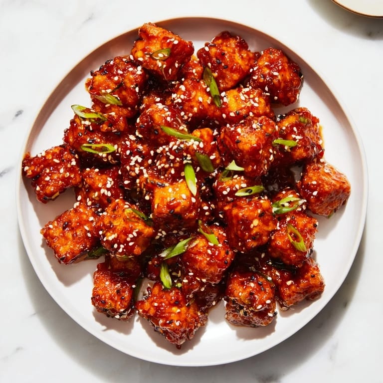Flavorful Honey Gochujang Tofu, garnished with sesame seeds and green onions, ready to eat.