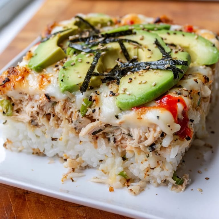 Warm, inviting image of the Chicken Sushi Bake, featuring melted cheese and a savory chicken layer.