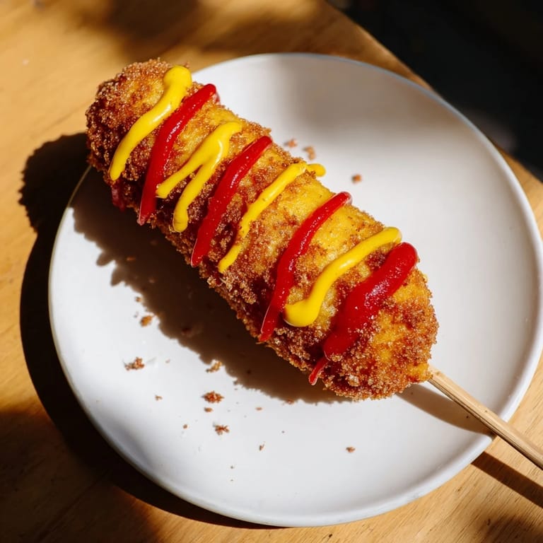 A close-up reveals a delicious Cheesy Korean Corn Dog, coated in crunchy breadcrumbs and ready to eat.