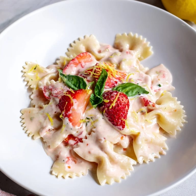 A close-up of the strawberry sour cream pasta, highlighting the pink sauce and al dente pasta.