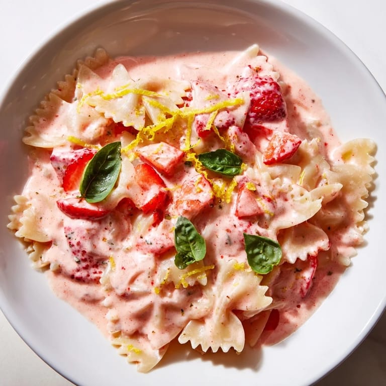 Fresh strawberries perfectly complement the sour cream and pasta in this bright, summery recipe.