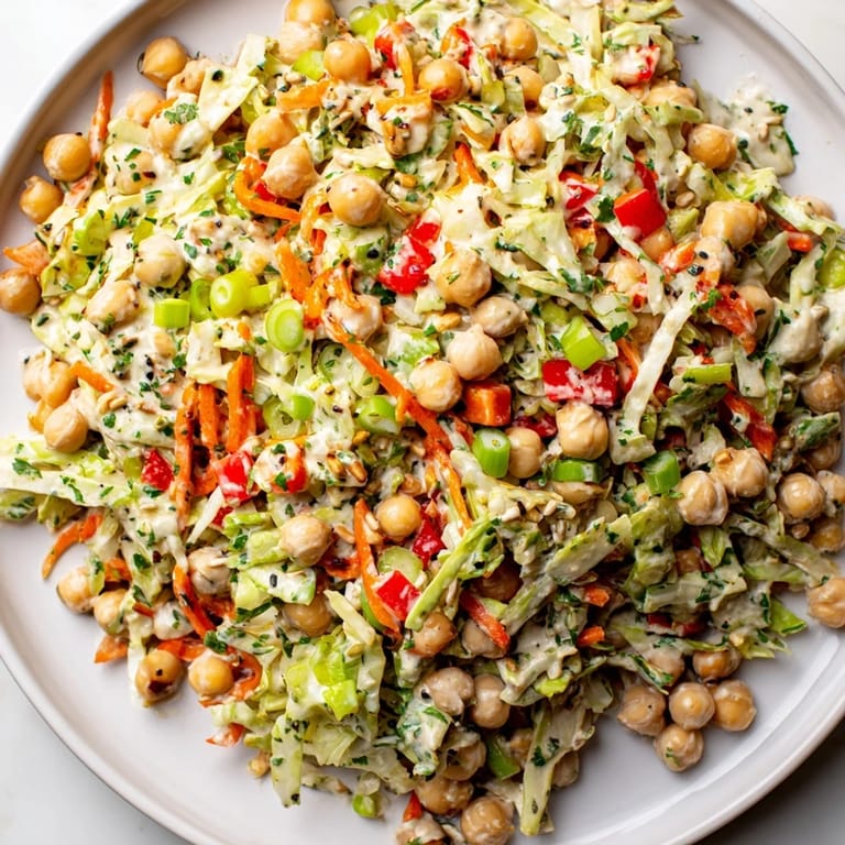 Freshly tossed fiber-forward chickpea salad, full of vibrant colors and delicious Mediterranean flavors.