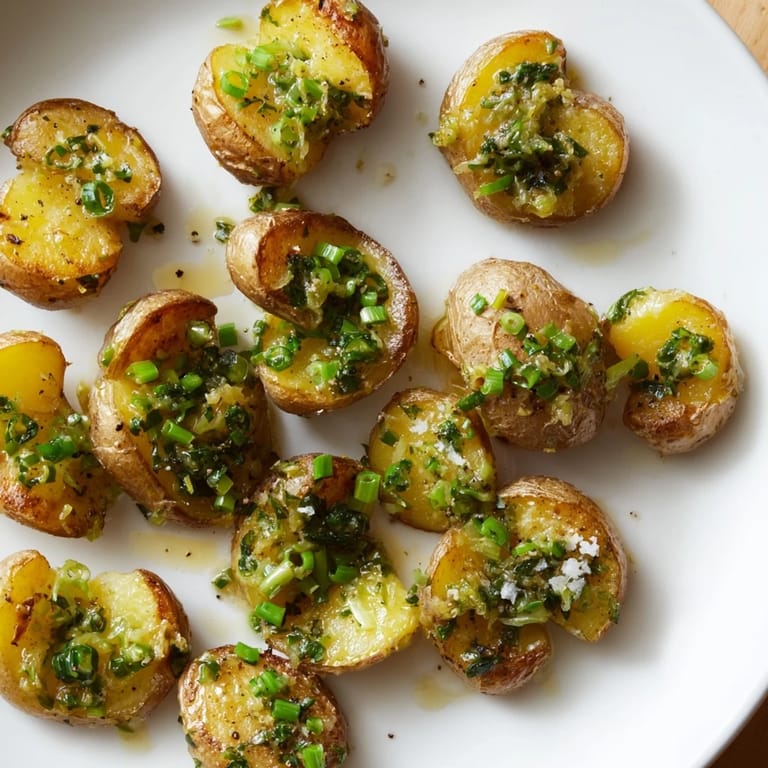 Oven-baked Smashed Green Onion Potato Bombs with scallion oil, a flavorful potato side, ready to eat.