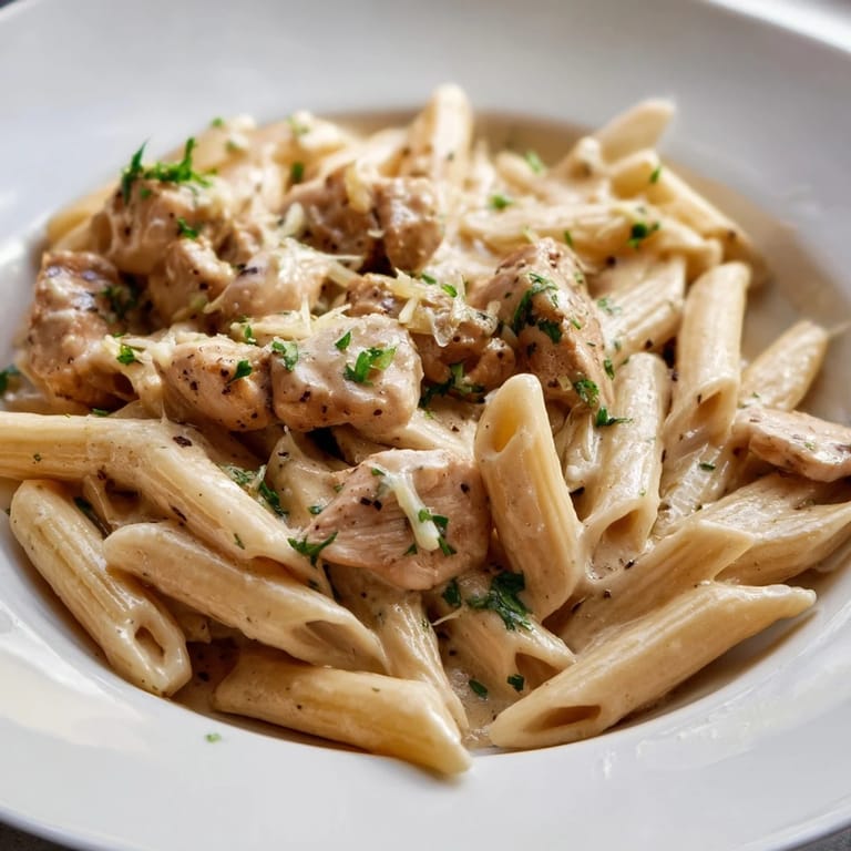 Tender Quick Garlic Parmesan Chicken Pasta boasts a rich, savory sauce, perfect for a cozy dinner at home.