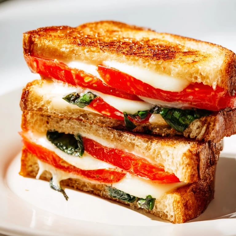 Perfectly toasted sourdough with melted cheese, tomato slices, and basil: a classic Tomato Basil Grilled Cheese.