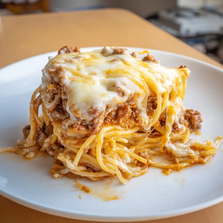 A close-up of cheesy, layered Million Dollar Spaghetti, showcasing the rich meat sauce and creamy Alfredo center.