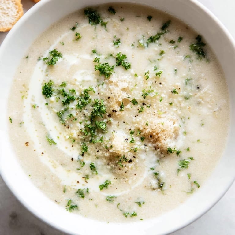 A close-up of a bowl of warm, Creamy Garlic Bread Soup topped with fresh parsley for serving.