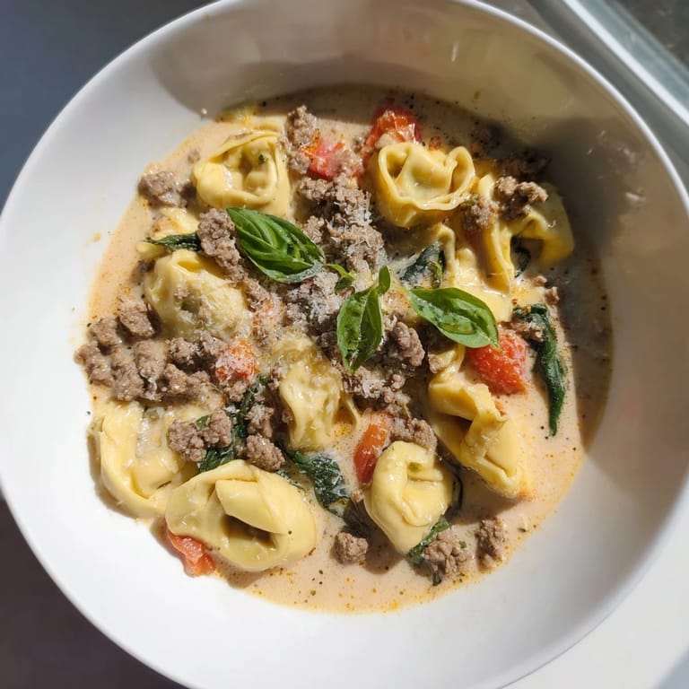 A close-up of creamy Tortellini Beef Soup showing tender beef and cheese filled pasta.