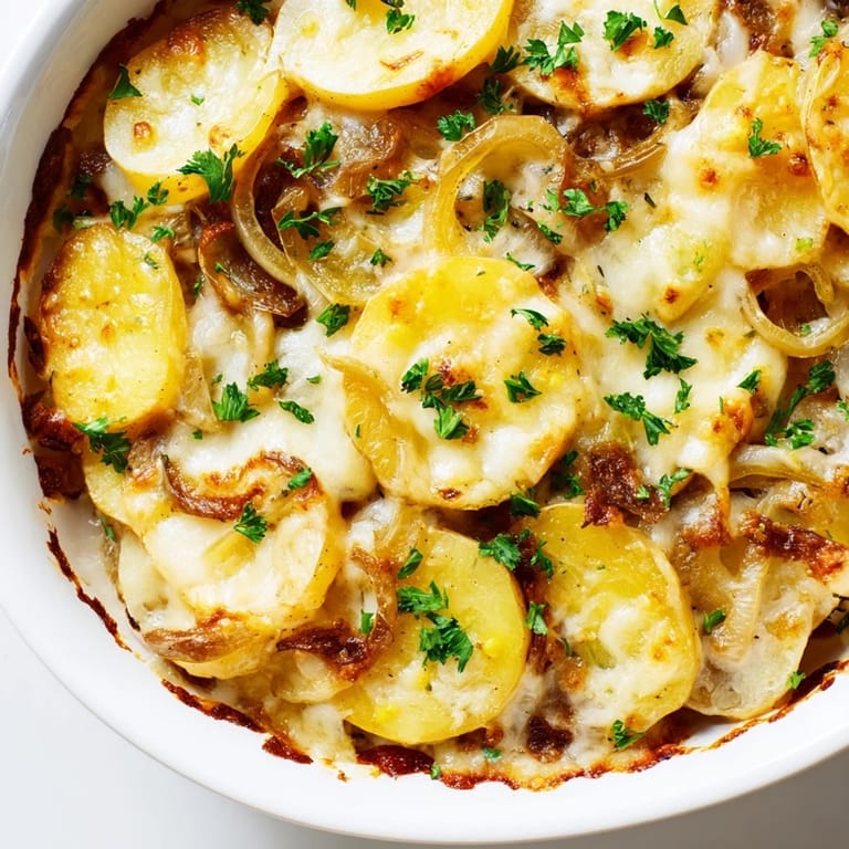 A close-up of crispy French Onion Soup Potatoes, layered with caramelized onions and gooey cheese on top.