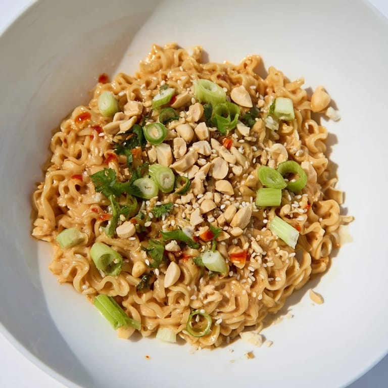 A close-up of delicious Instant Peanut Thai Sauce Noodles showcasing the creamy peanut sauce and the ramen.