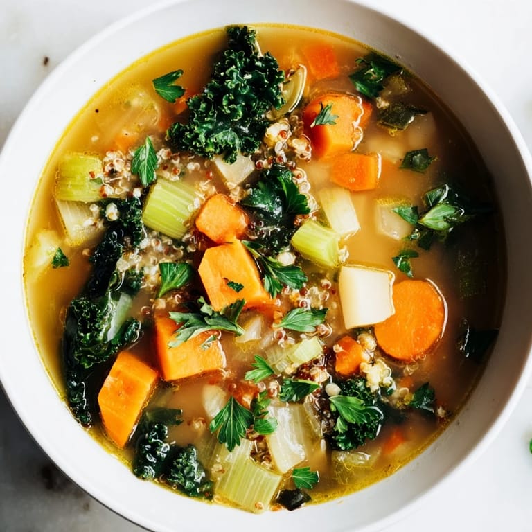 Hearty Nourishing Winter Veggie Soup, perfect for a cold day, garnished with fresh parsley.