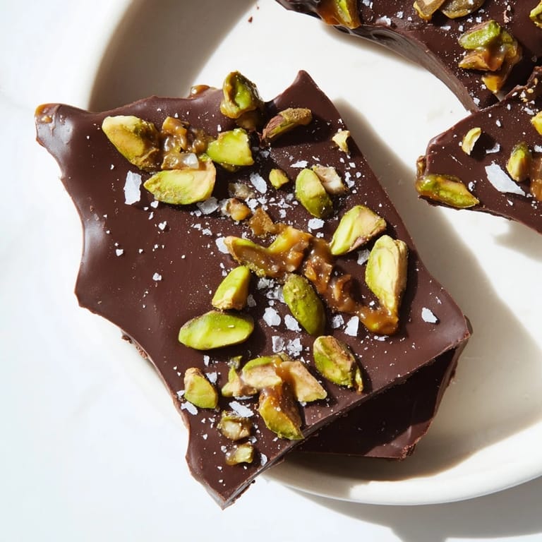 This homemade Pistachio Salted Caramel Bark is a sweet treat with coarse salt crystals sprinkled on top.