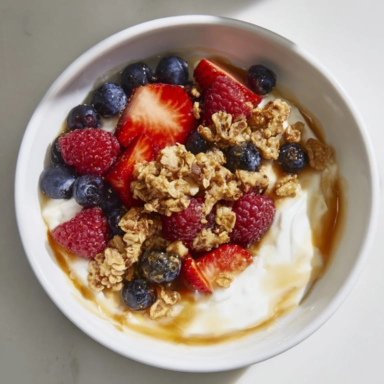 Fresh berries and granola nestle on creamy cottage cheese in this picture of a hot honey bowl.
