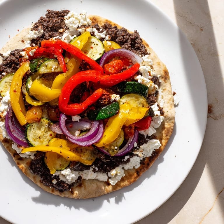 Warm naan bread pizza, topped with olive tapenade, feta, and perfectly roasted veggies.