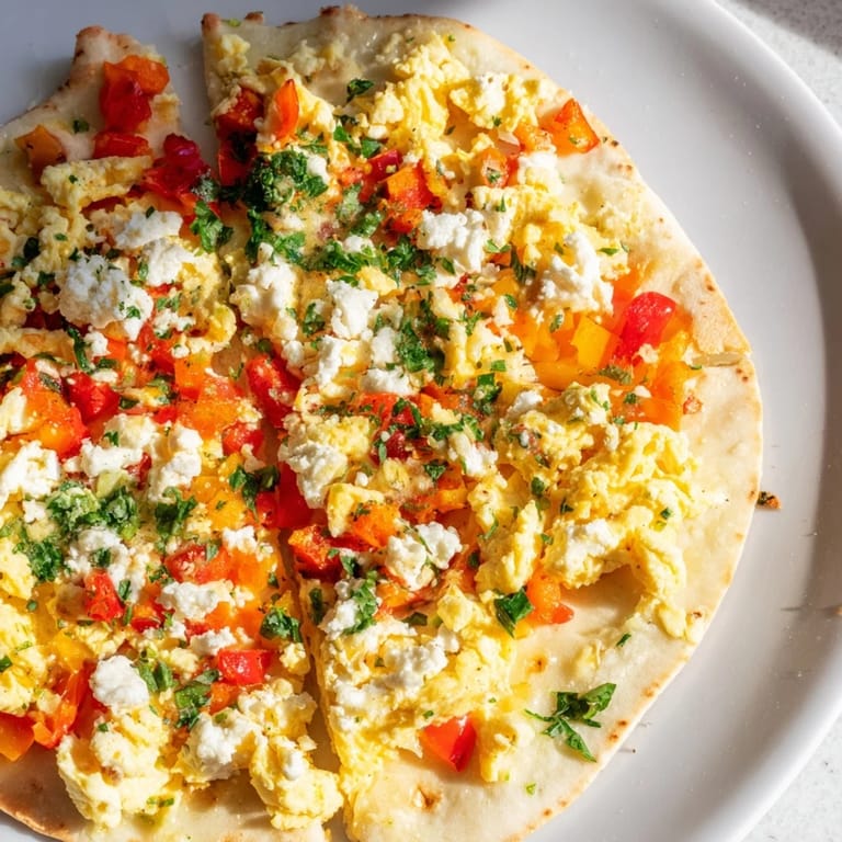 Savory Turkish Menemen Eggs Pizza, a delicious fusion of flavors topped with fresh herbs, a vegetarian delight.
