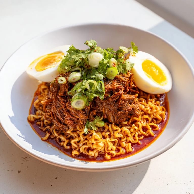A close-up shot of the delicious Chaos Cooking Birria Ramen, showcasing vibrant toppings and rich broth.