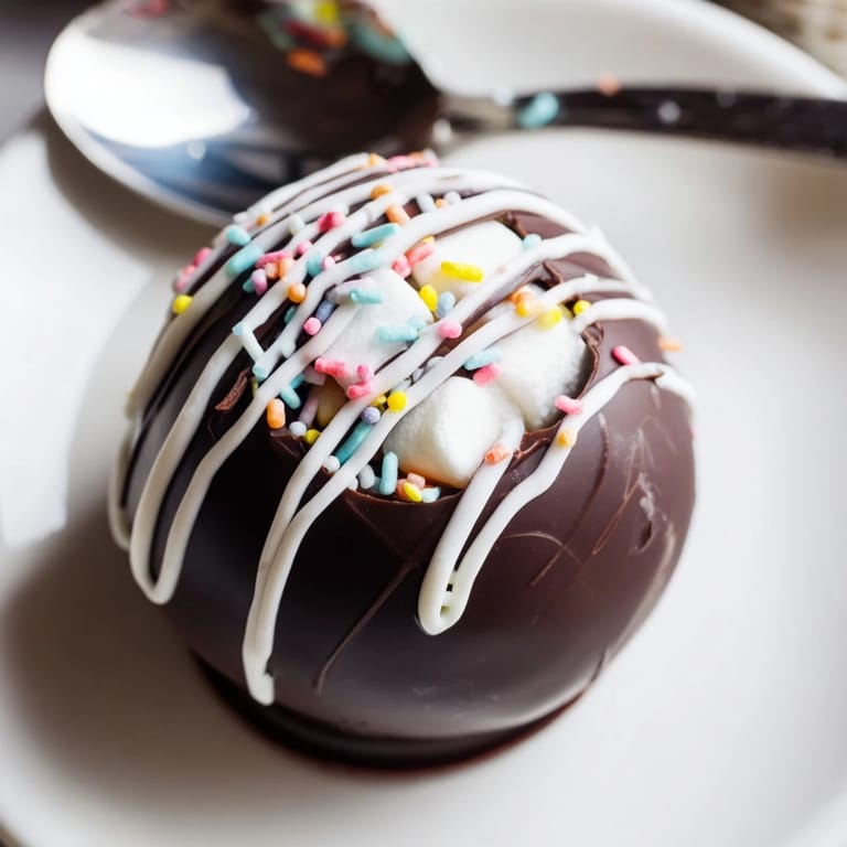 Melted white chocolate drizzles over decorated Hot Chocolate Bombs for a sweet finishing touch.