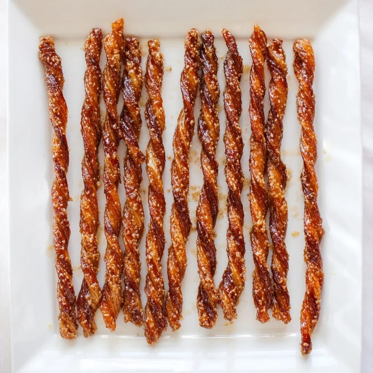 Baked Spiced Bacon Twists arranged on parchment, showcasing crunchy edges and sweet, smoky aroma for brunch or parties.