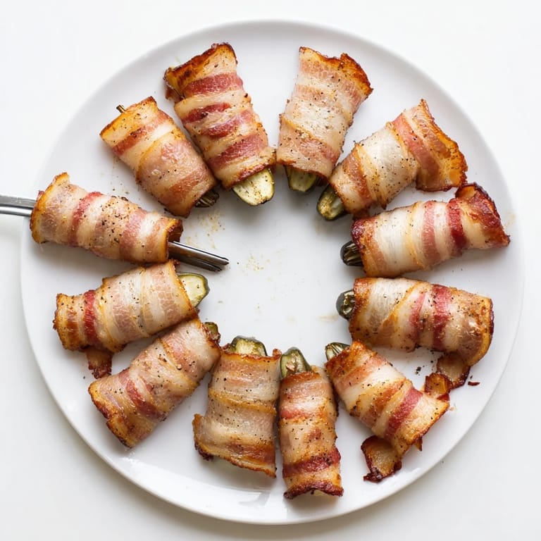 Baked bacon-wrapped dill pickles garnished with smoky paprika and fresh herbs on a rustic board.