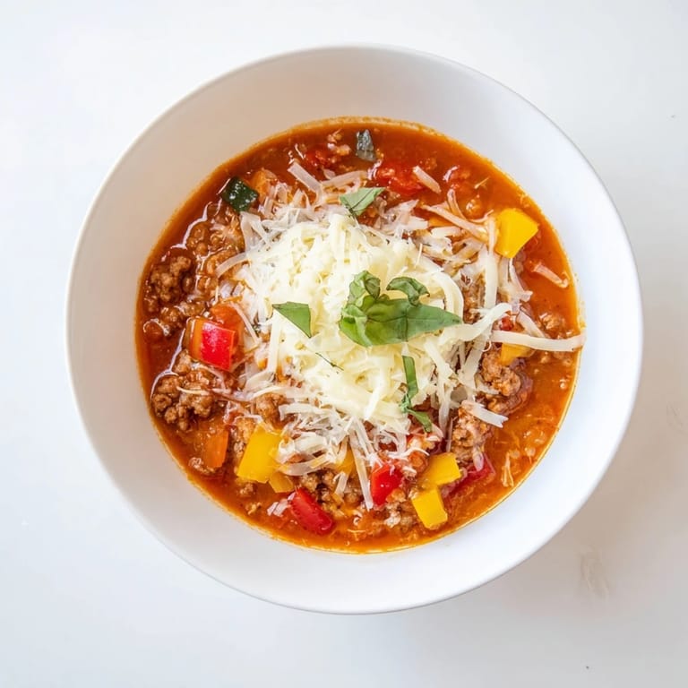 Close-up of Pizza Soup in a rustic bowl, showing gooey mozzarella and diced tomatoes, ready for a comforting family meal.