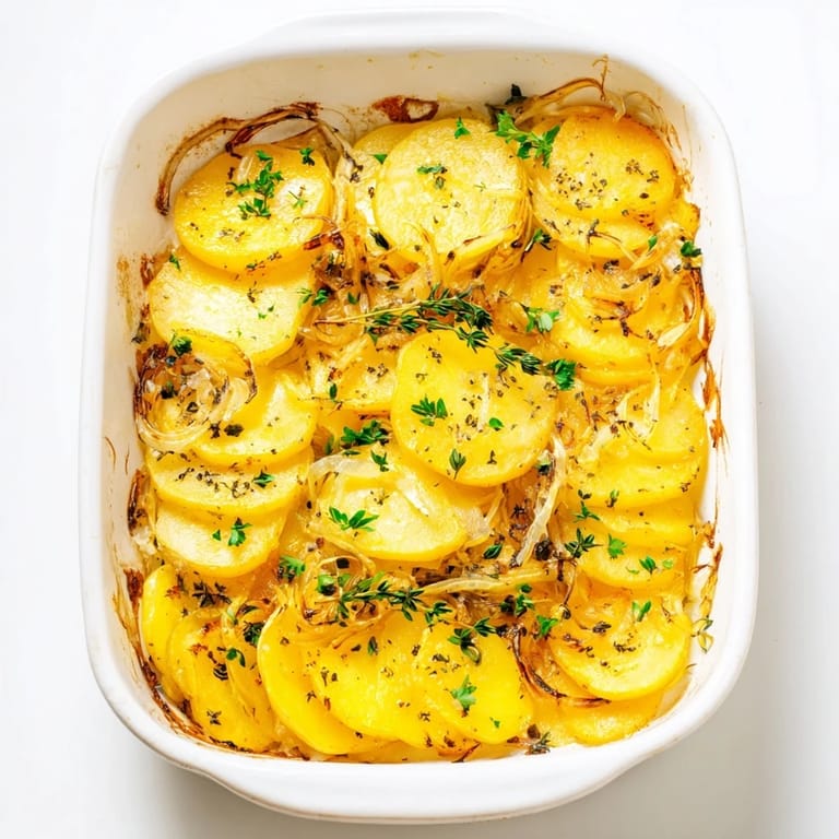 This French Onion Soup Potatoes recipe offers a vegetarian side dish with crispy potato layers and savory, deep caramelized onion flavors.