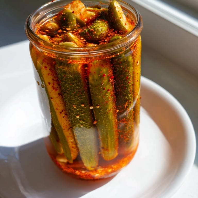 Homemade Taco Pickles in a glass jar, garnished with fresh garlic and jalapeño slices for added heat.  