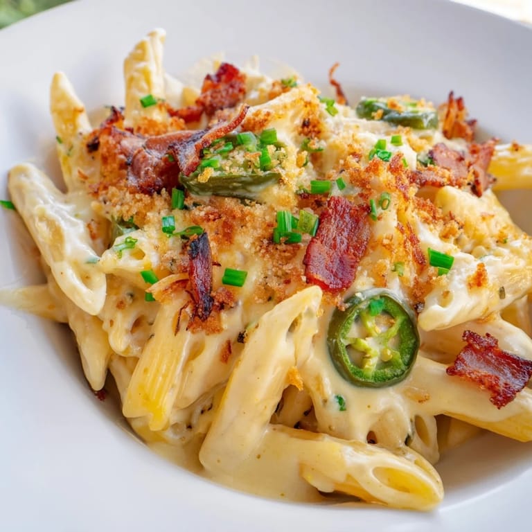 Sizzling jalapeño popper pasta served family-style, garnished with fresh chives and extra bacon, ready for a spicy comfort meal.