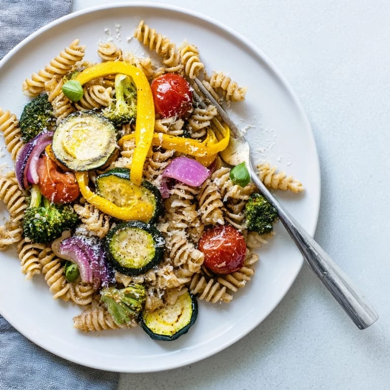 Colorful pasta primavera with seasonal vegetables, lemon wedges, and fresh herbs, ready to enjoy as a light vegetarian meal.