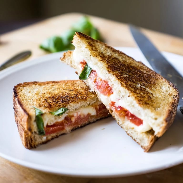 Crisp sourdough tomato basil grilled cheese layered with juicy tomato slices and fragrant basil, served on a rustic plate.