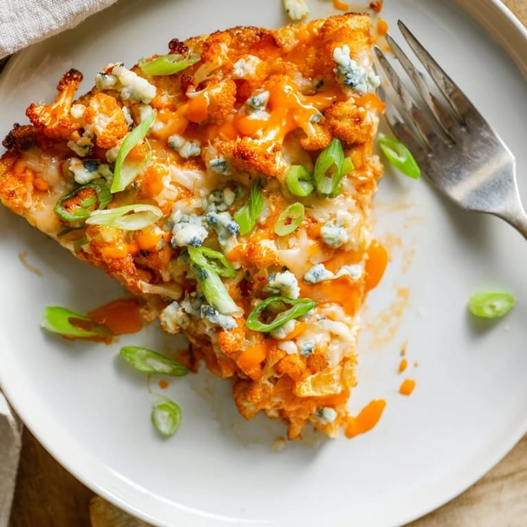 Sizzling hot Buffalo Cauliflower Pizza with golden cheese, celery garnish, and a crispy cauliflower crust.