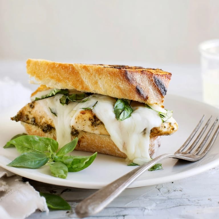 Ciabatta roll halves filled with juicy grilled chicken, melted mozzarella, and vibrant pesto, capturing a golden, crunchy texture for a hearty Italian-American sandwich.