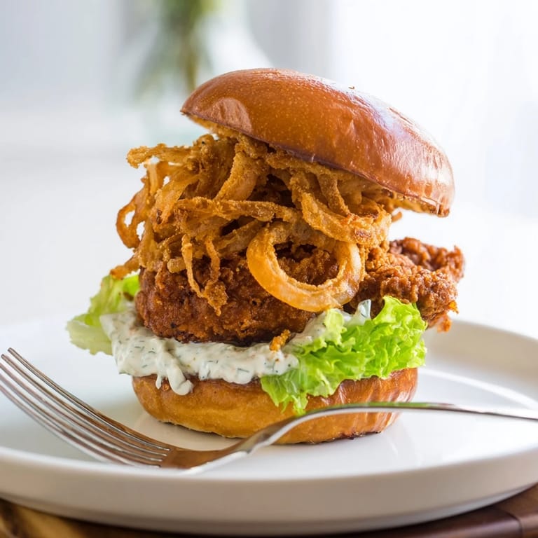 A juicy Crispy Onion Chicken Sandwich features golden-brown fried chicken thighs stacked on a toasted brioche bun, layered with creamy garlic aioli and piled high with crispy golden fried onions.  